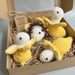 Handmade banana dinosaur crochet plush set of 4 in gift box, soft amigurumi stuffed animals