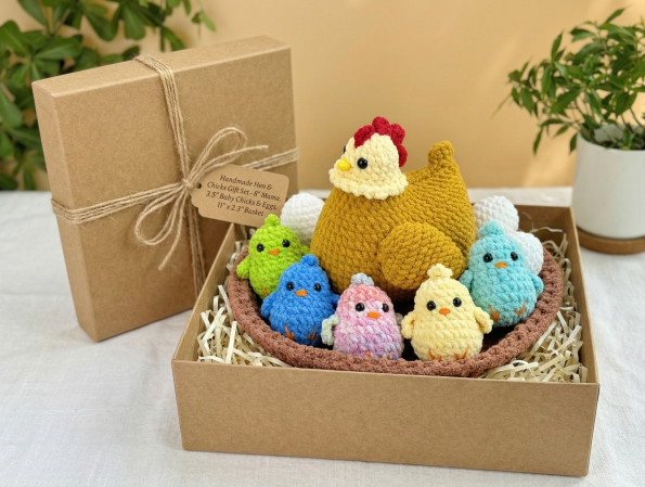 Handmade Crochet Hen & Chicks Gift Set – Amigurumi Mama Chicken with Baby Chicks, Eggs & Nest Basket , Easter Spring Farm Nursery Decor