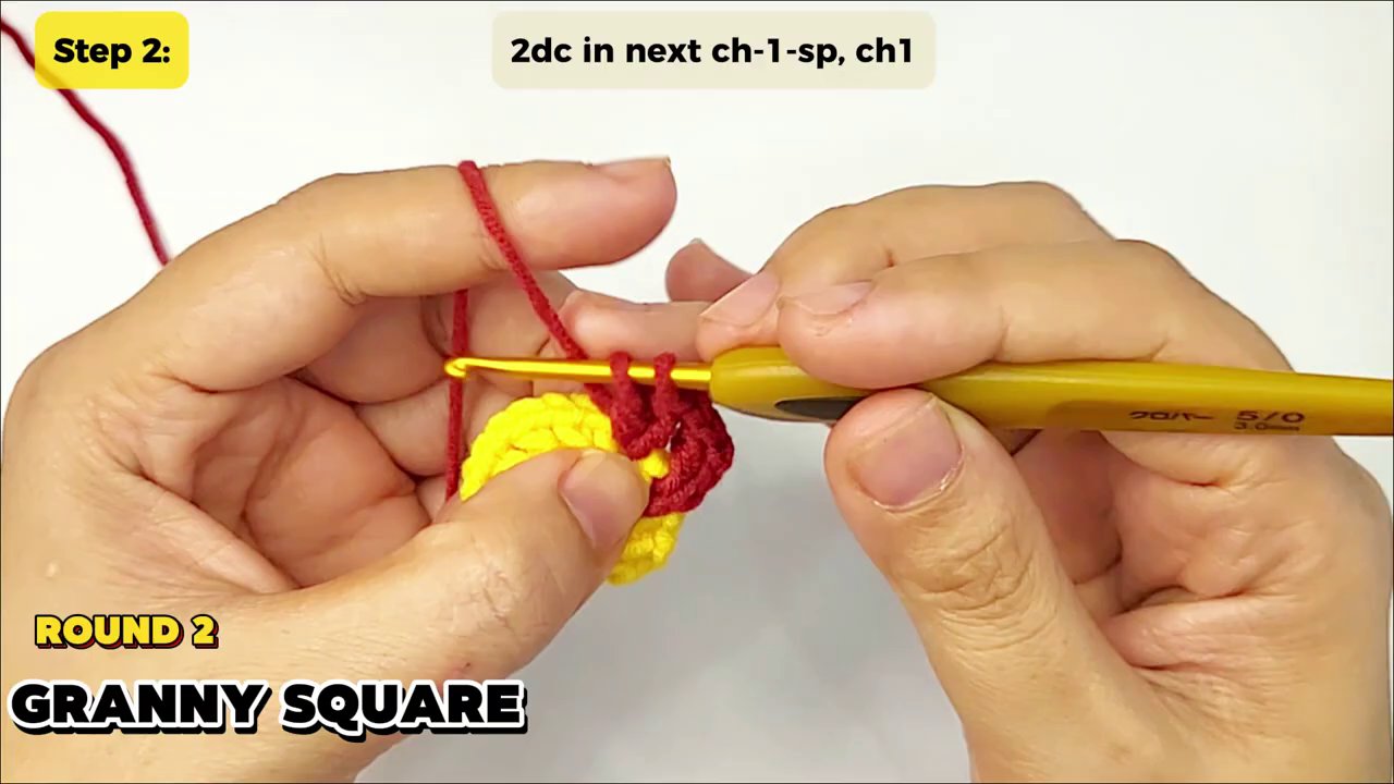 Craft a Festive Granny Square Christmas Tree: A Step-by-Step Crochet Tutorial 4 A shot of the growing granny square, with hands inserting the hook into stitches. The top text reads "Into the space between the next 2 groups, make 3dc," and the bottom-left indicates "ROUND 4 GRANNY SQUARE."