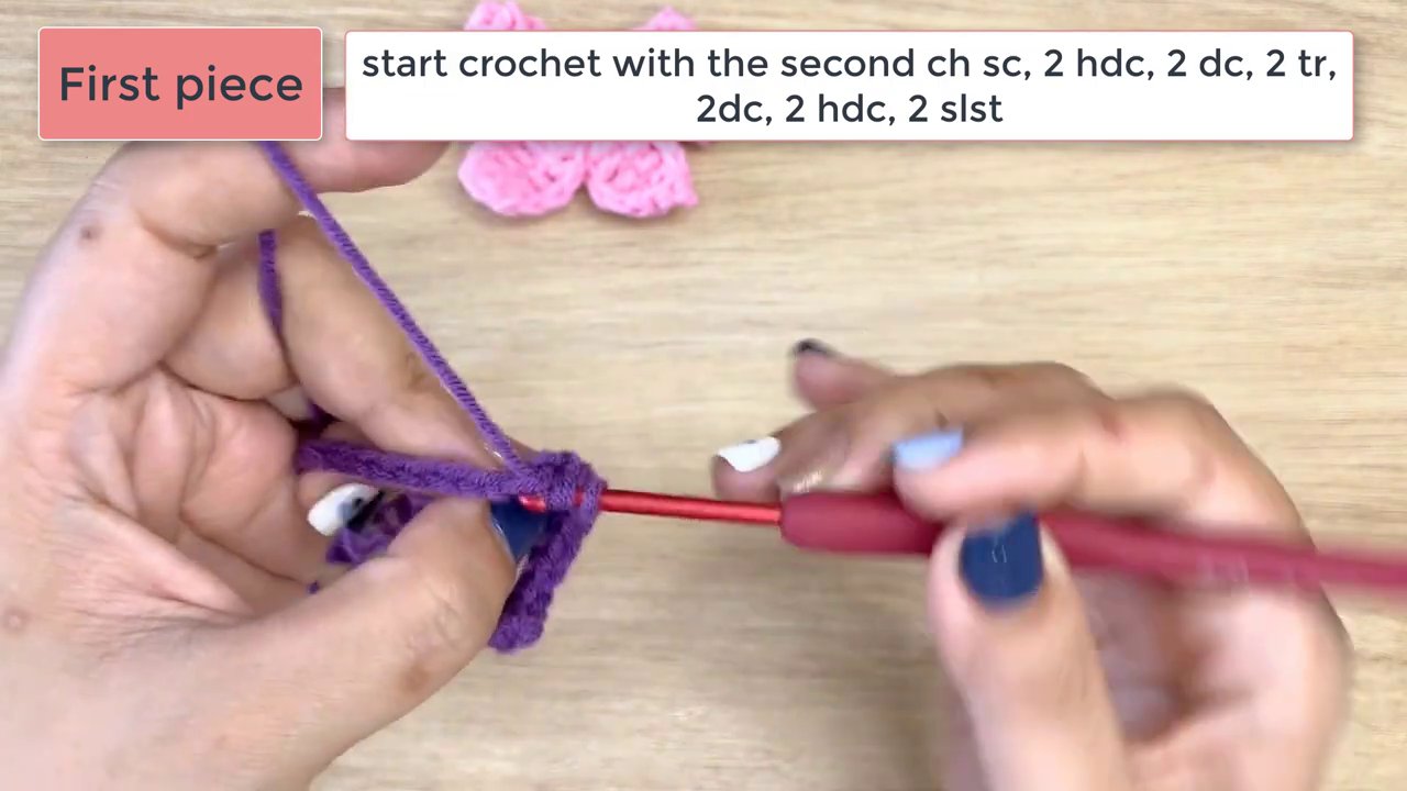 Master the Art of Crochet: A Step-by-Step Guide to Crafting a Beautiful Bow 5 The scene shifts to show the hands starting the second piece, with a text box reading "15 ch" and a salmon-colored label indicating "Second piece."