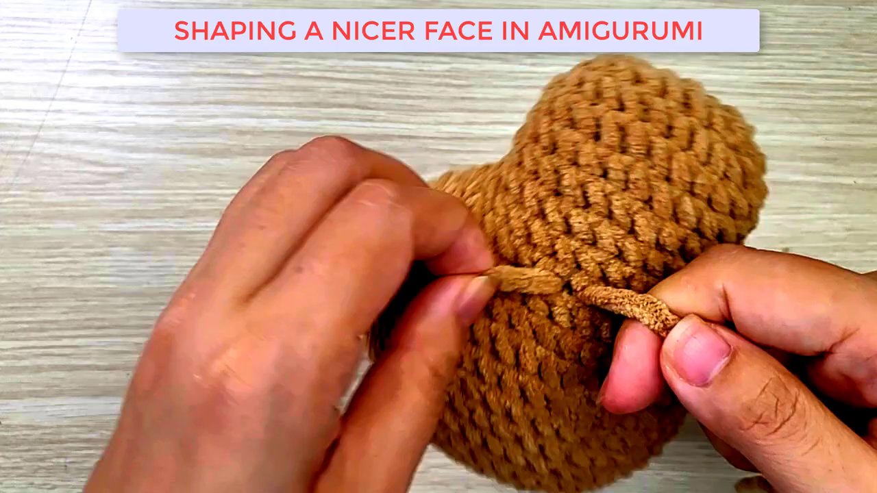 Mastering Amigurumi: A Step-by-Step Guide to Shaping and Embroidering a Dog's Face 5 Text appears on screen reading "EMBROIDER THE WHITE PART AROUND THE EYES," indicating the next phase.