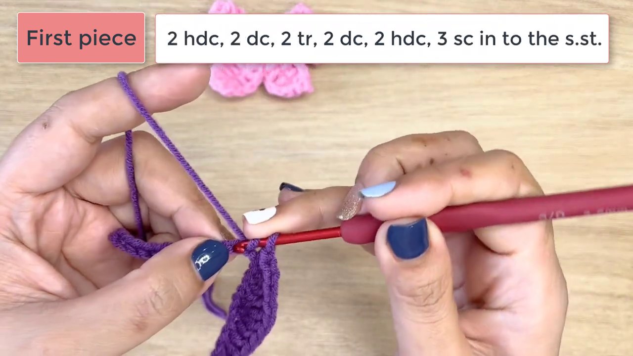 Master the Art of Crochet: A Step-by-Step Guide to Crafting a Beautiful Bow 6 The hands crochet the second piece, following the "hdc, dc, tr, dc, hdc, 2 slst" sequence to form one side of the bow loop.