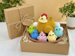 Handmade Crochet Hen & Chicks Gift Set – Amigurumi Mama Chicken with Baby Chicks, Eggs & Nest Basket , Easter Spring Farm Nursery Decor