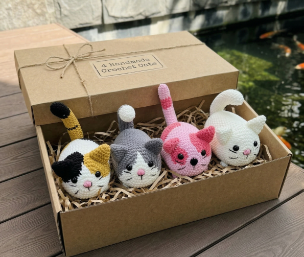 Handmade crochet cat loaf plush set of 4 in gift box, cute amigurumi cat stuffed animals