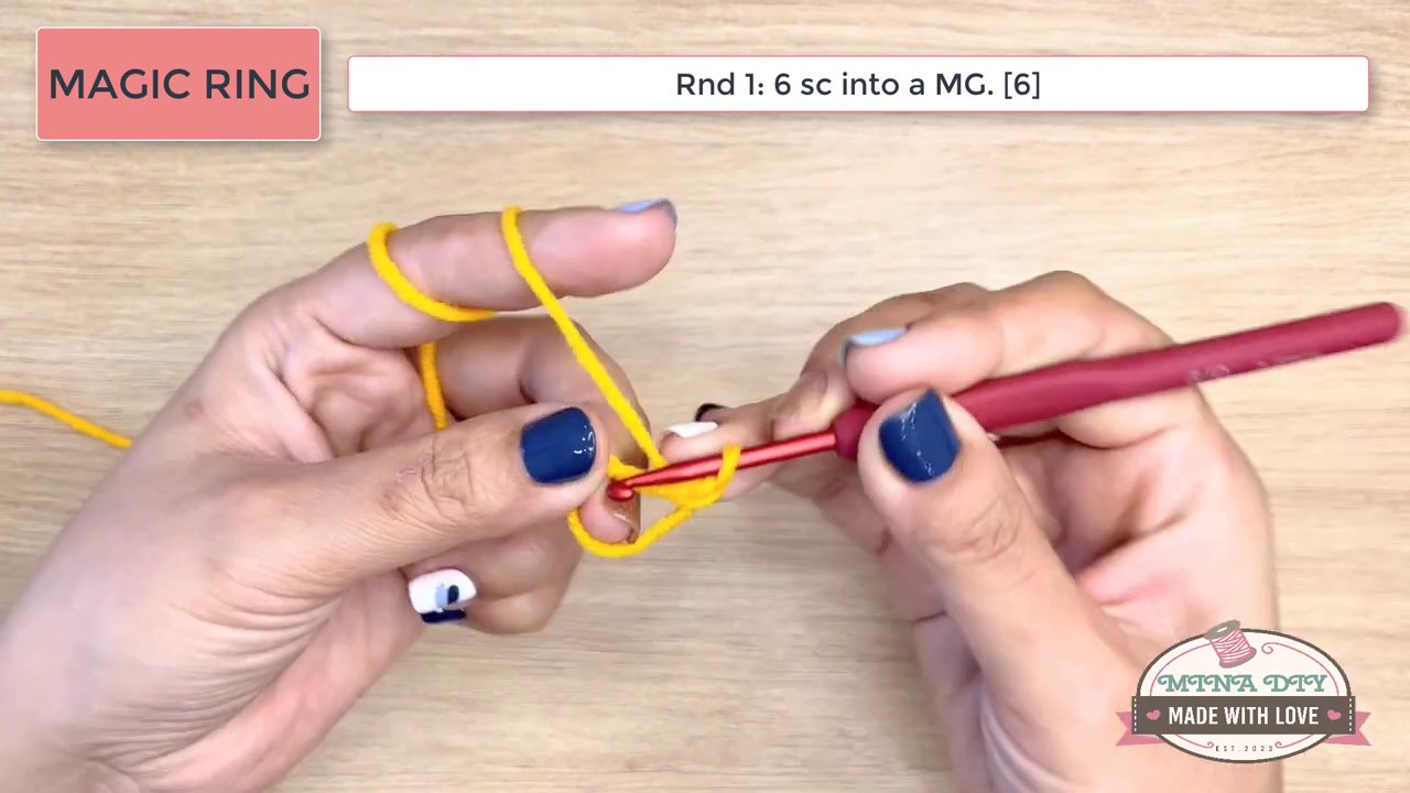 Mastering the Magic Ring and Beyond: A Beginner's Guide to Crochet Increases and Foundation Chains 3 The hands demonstrate the increase stitch with yellow yarn, while the salmon-colored instruction box clearly labels the technique as "INCREASE (inc)".